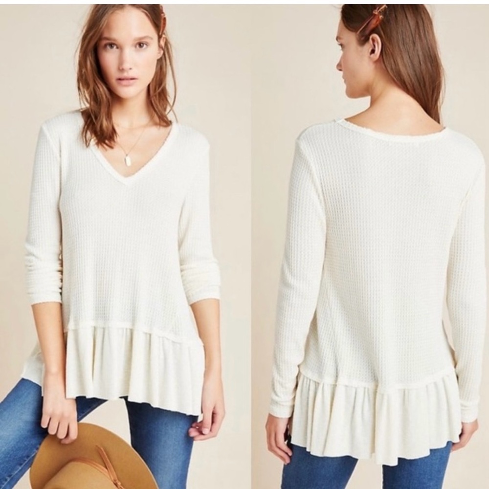 Anthropologie Eri and Ali cream waffle knit peplum top.